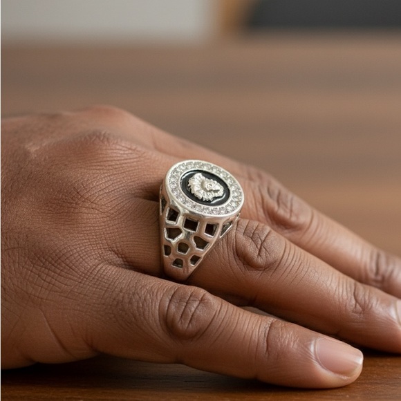 Designer Inspired Medusa Head Silver and Black Men's Ring With Faux Diamonds. - Picture 3 of 9